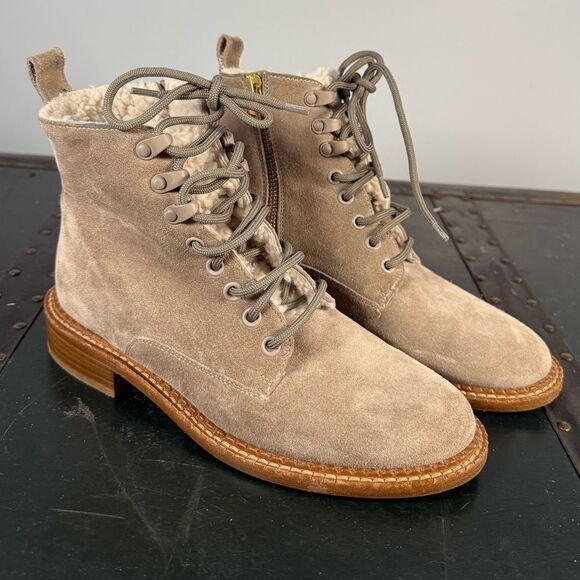 Vince Brown Tan Suede Shearling Cabria 3 Lace Up Combat Boots Size 5 US - Picture 1 of 4